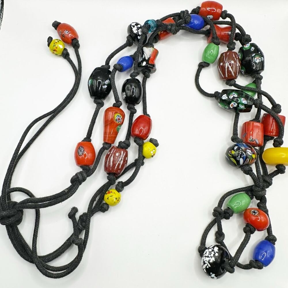 Artisan Multi Colored Millefiori Hand Knotted Station Glass Beads Cord Self-Tie
